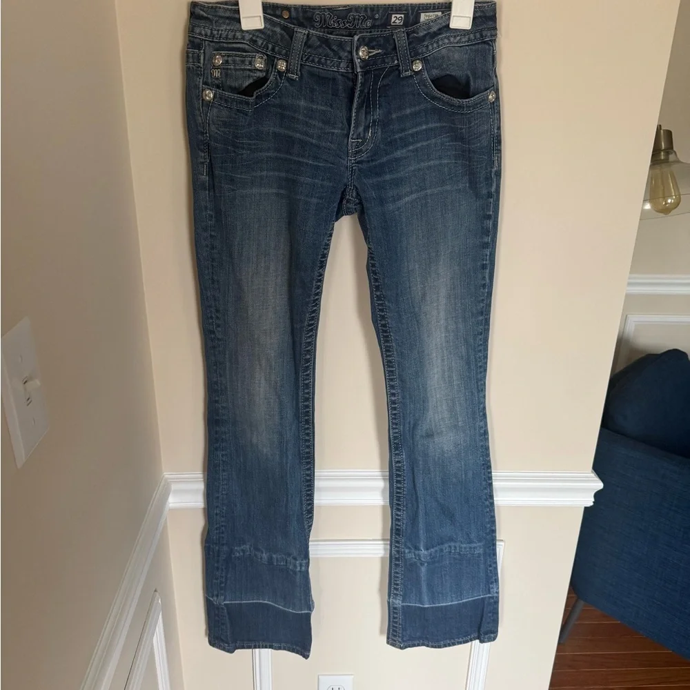 Y2K Women’s Size 29 Miss Me Bedazzled Biker Boot Cut Style JP6073B Vintage Wash - Picture 2 of 8